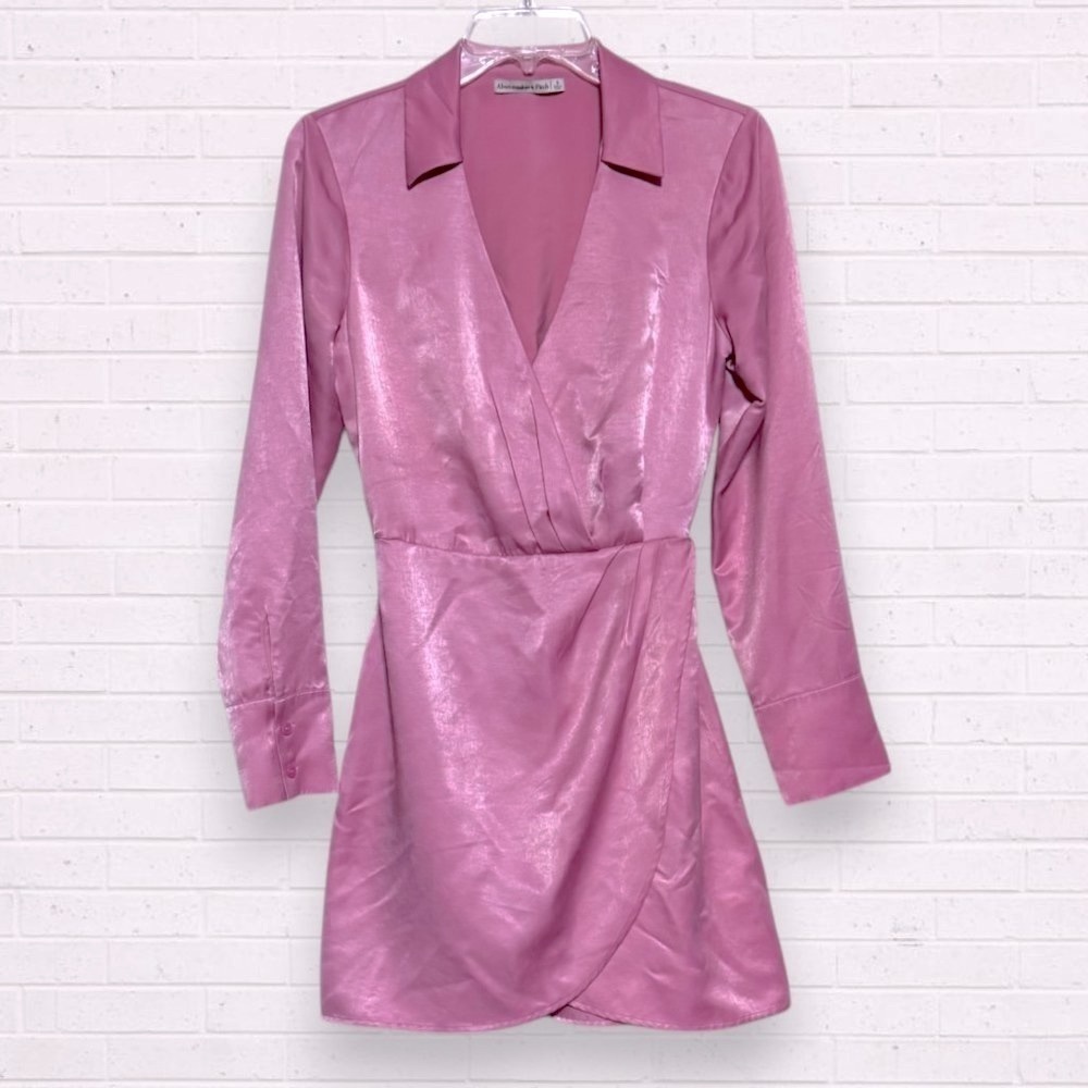 Abercrombie Pink Satin Surplice Wrap Shirt Mini Dress V-Neck S